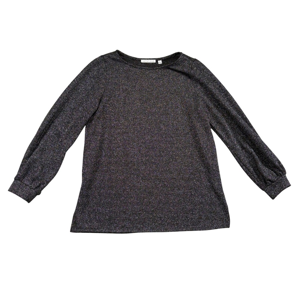 Notations Womens Black Silver Metallic Lurex Sparkle Puff Sleeve Top Large